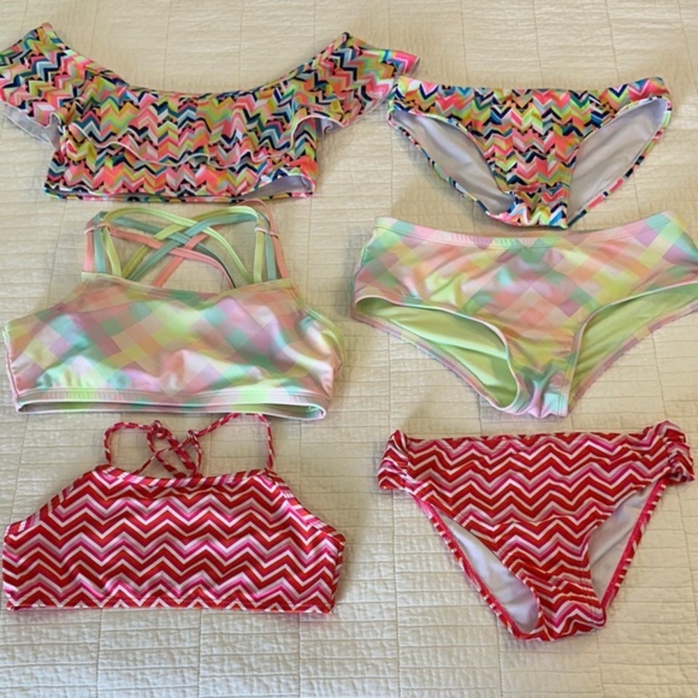 Bikini Sz 14 Girls 2 piece Bathing-suit lot of 3 new and like new chevron pastel